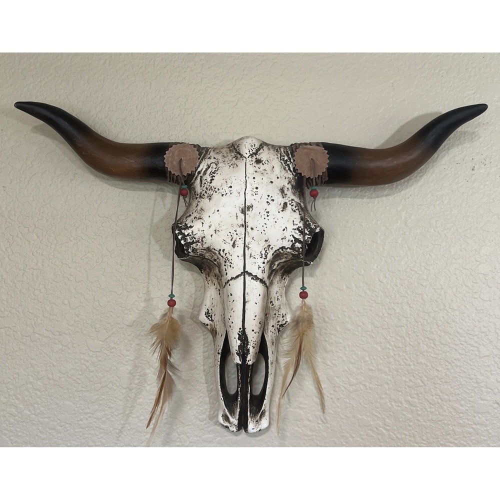 Longhorn Bull Skull Wall Hanging Decor w/ Horns & Feather Tassels